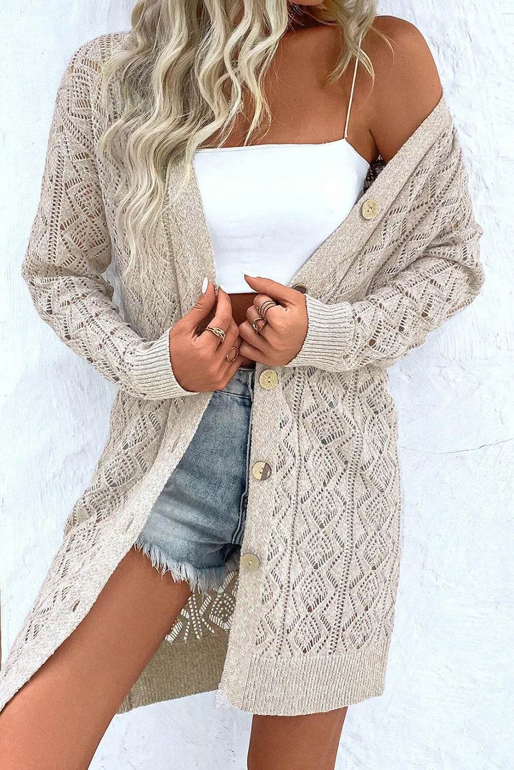 Openwork Button Down Long Sleeve Cardigan - Amexza