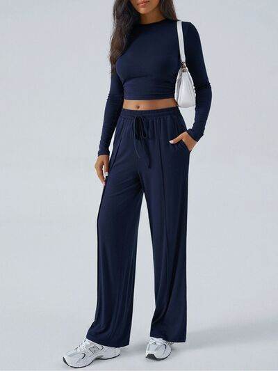 Devine Round Neck Long Sleeve Top and Pants Set - Amexza