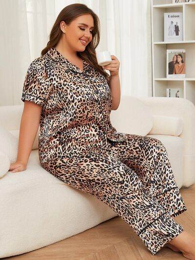 Plus Size Leopard Short Sleeve Top and Pants Lounge Set for a perfect OOTD – dress to impress outfits from Amexza