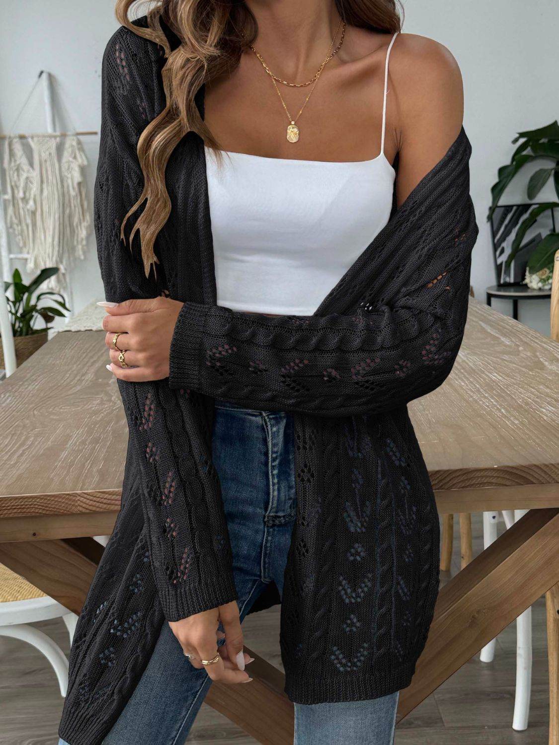 Openwork Open Front Long Sleeve Cardigan - Amexza