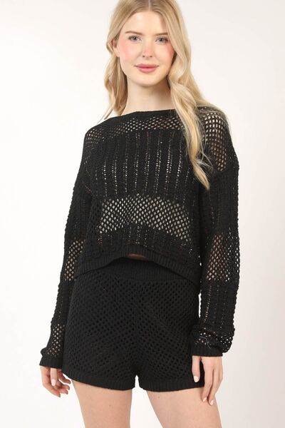 VERY J Openwork Cropped Cover Up and Shorts Set Black for a perfect OOTD – dress to impress outfits from Amexza