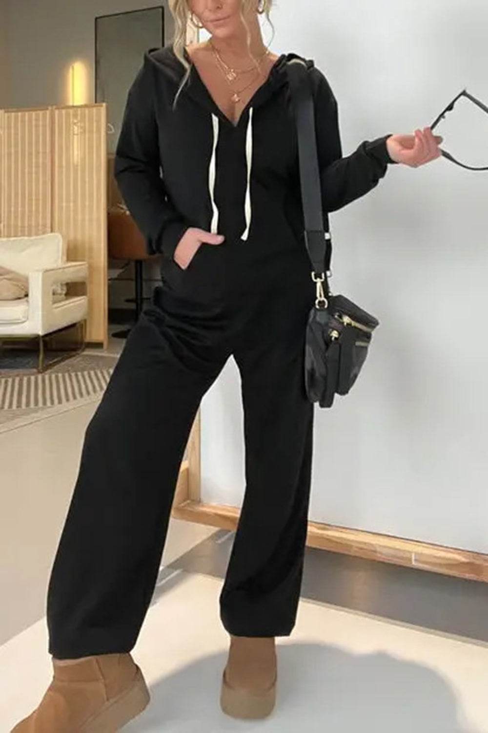 Full Size Drawstring Long Sleeve Jumpsuit Black for a perfect OOTD – dress to impress outfits from Amexza