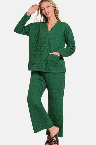 Zenana Quilted Button Up Long Sleeve Top and Pants Lounge Set Dark Green for a perfect OOTD – dress to impress outfits from Amexza