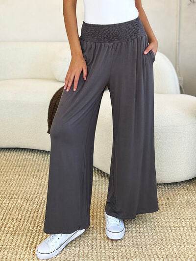 Basic Bae Full Size Smocked Wide Waistband Wide Leg Pants for a perfect OOTD – dress to impress outfits from Amexza