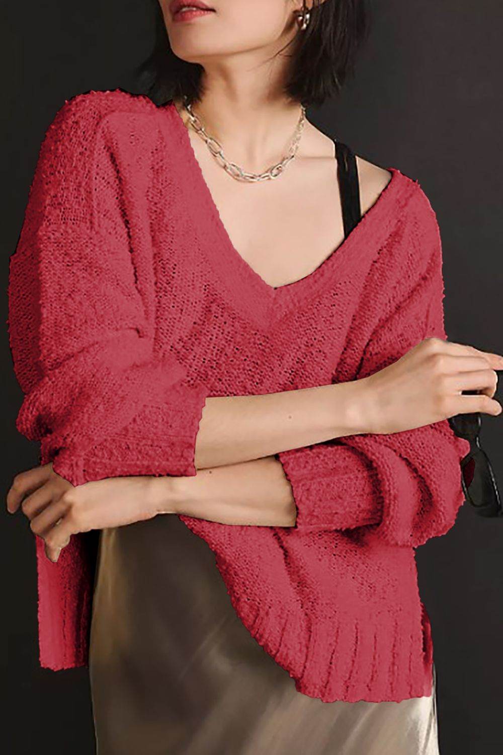 V-Neck Dropped Shoulder Sweater Deep Rose for a perfect OOTD – dress to impress outfits from Amexza