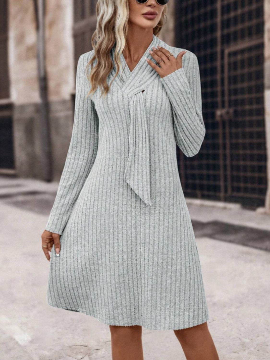 Ribbed Long Sleeve Sweater Dress Gray for a perfect OOTD – dress to impress outfits from Amexza