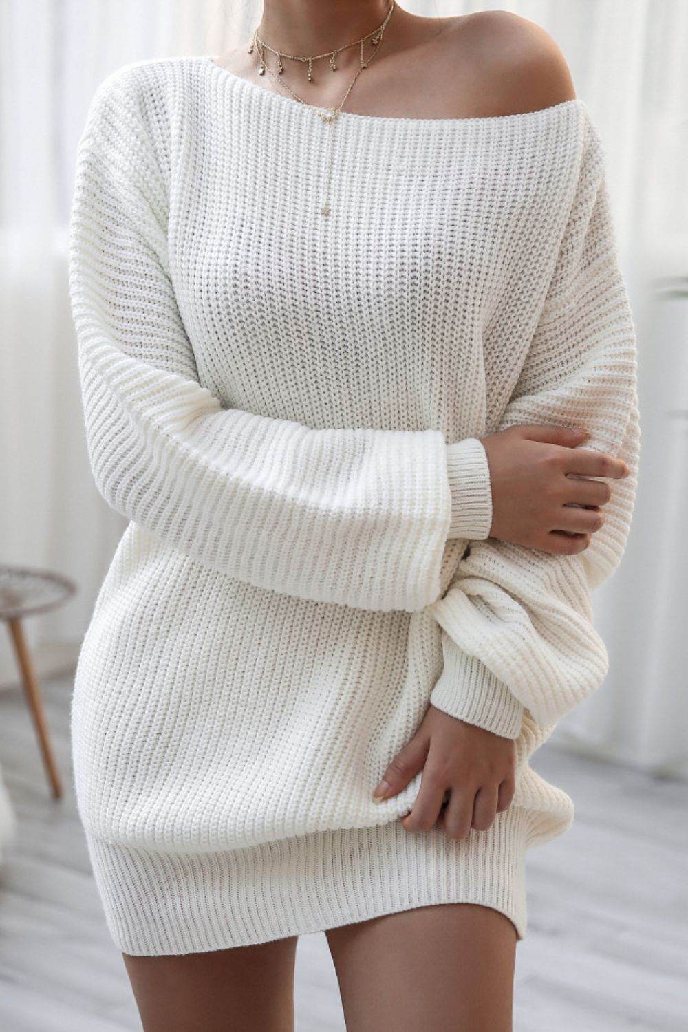 Boat Neck Long Sleeve Mini Sweater Dress White for a perfect OOTD – dress to impress outfits from Amexza