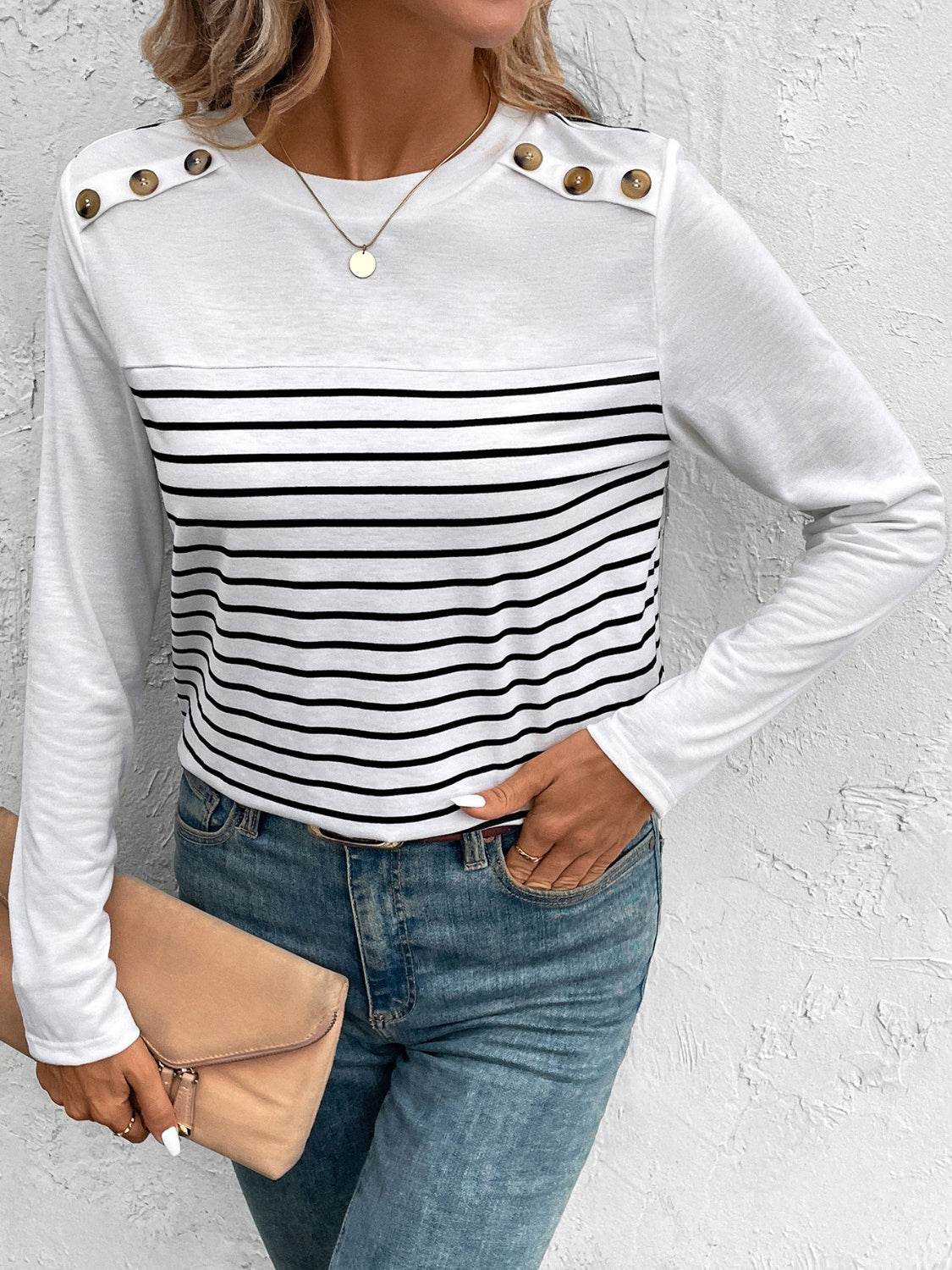 Decorative Button Striped Round Neck Long Sleeve T-Shirt for a perfect OOTD – dress to impress outfits from Amexza