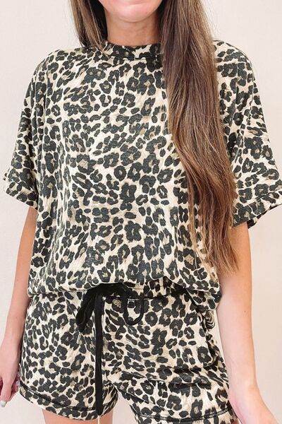 Leopard Round Neck Top and Shorts Set - Amexza