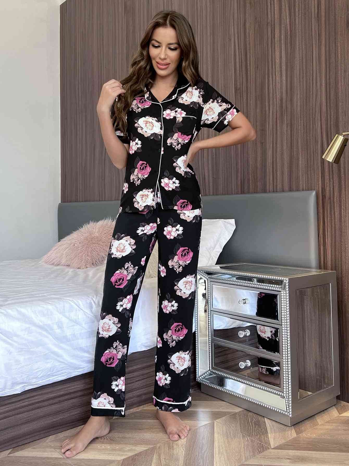 Floral Short Sleeve Shirt and Pants Lounge Set - Amexza