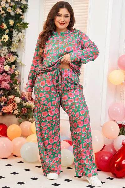 Plus Size Printed Round Neck Long Sleeve Top and Pants Set for a perfect OOTD – dress to impress outfits from Amexza