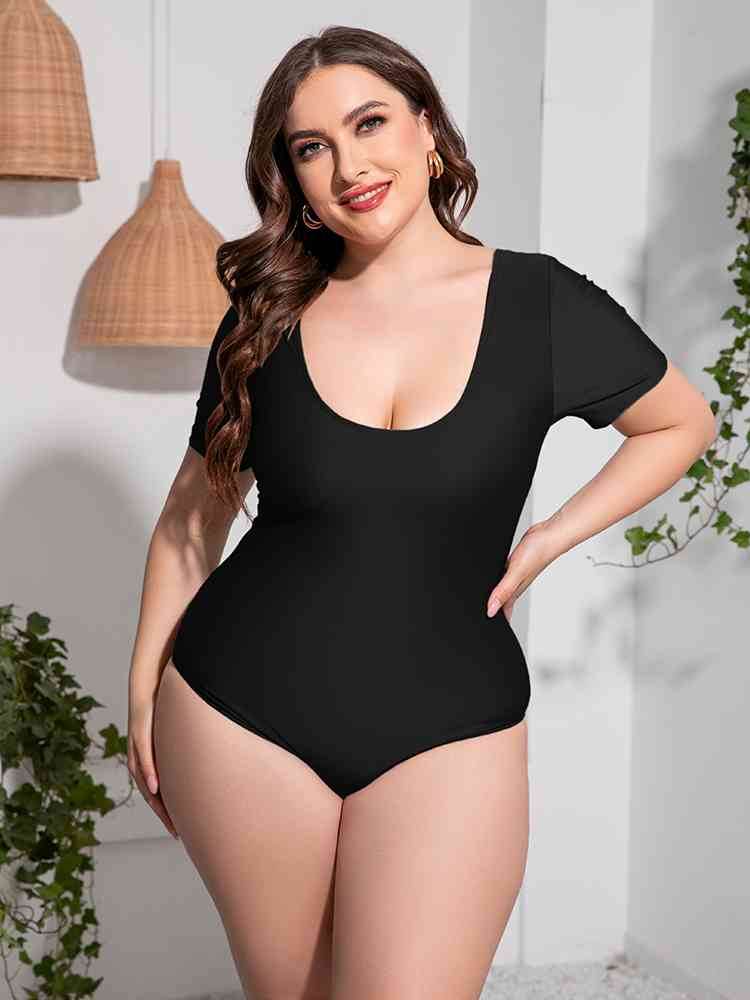 Plus Size Scoop Neck Short Sleeve One-Piece Swimsuit for a perfect OOTD – dress to impress outfits from Amexza