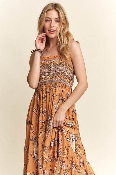 ADORA Smocked Printed Square Neck Tie Shoulder Cami Dress Mustard for a perfect OOTD – dress to impress outfits from Amexza