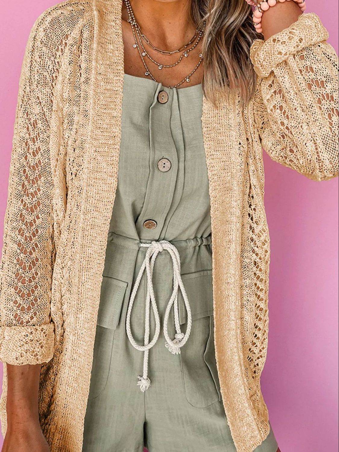 Openwork Open Front Long Sleeve Cardigan Tan for a perfect OOTD – dress to impress outfits from Amexza