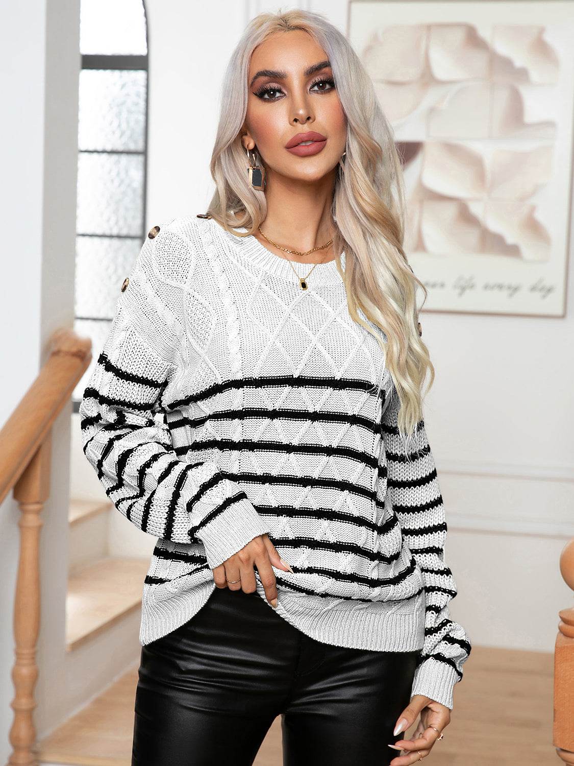 Striped Round Neck Cable-Knit Sweater White for a perfect OOTD – dress to impress outfits from Amexza