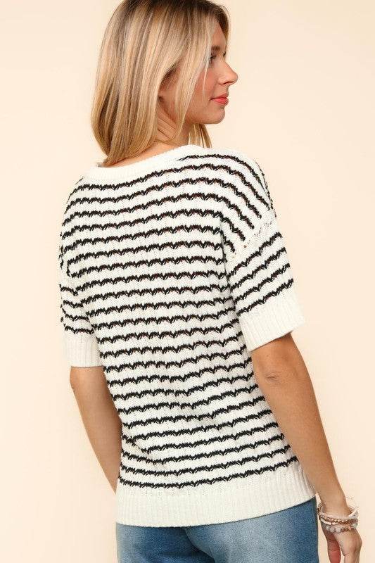 Haptics Openwork Striped Round Neck Half Sleeve Knit Top - Amexza