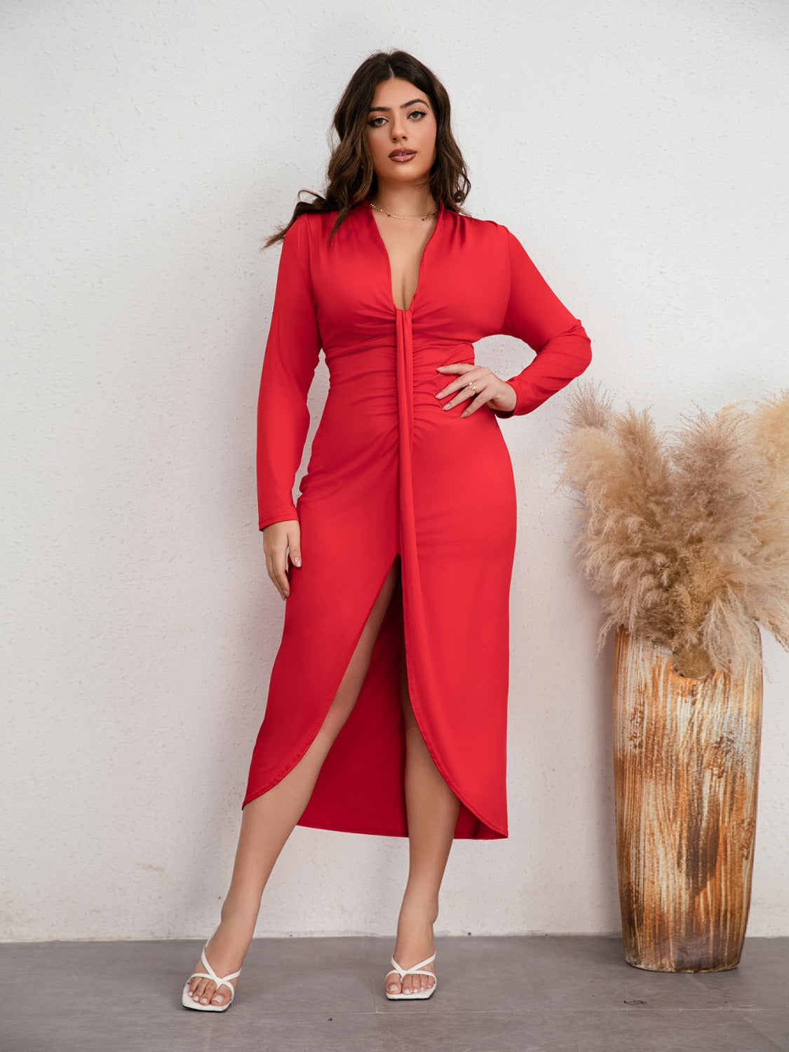 Plus Size Plunge Ruched Slit Dress - Red / 0XL