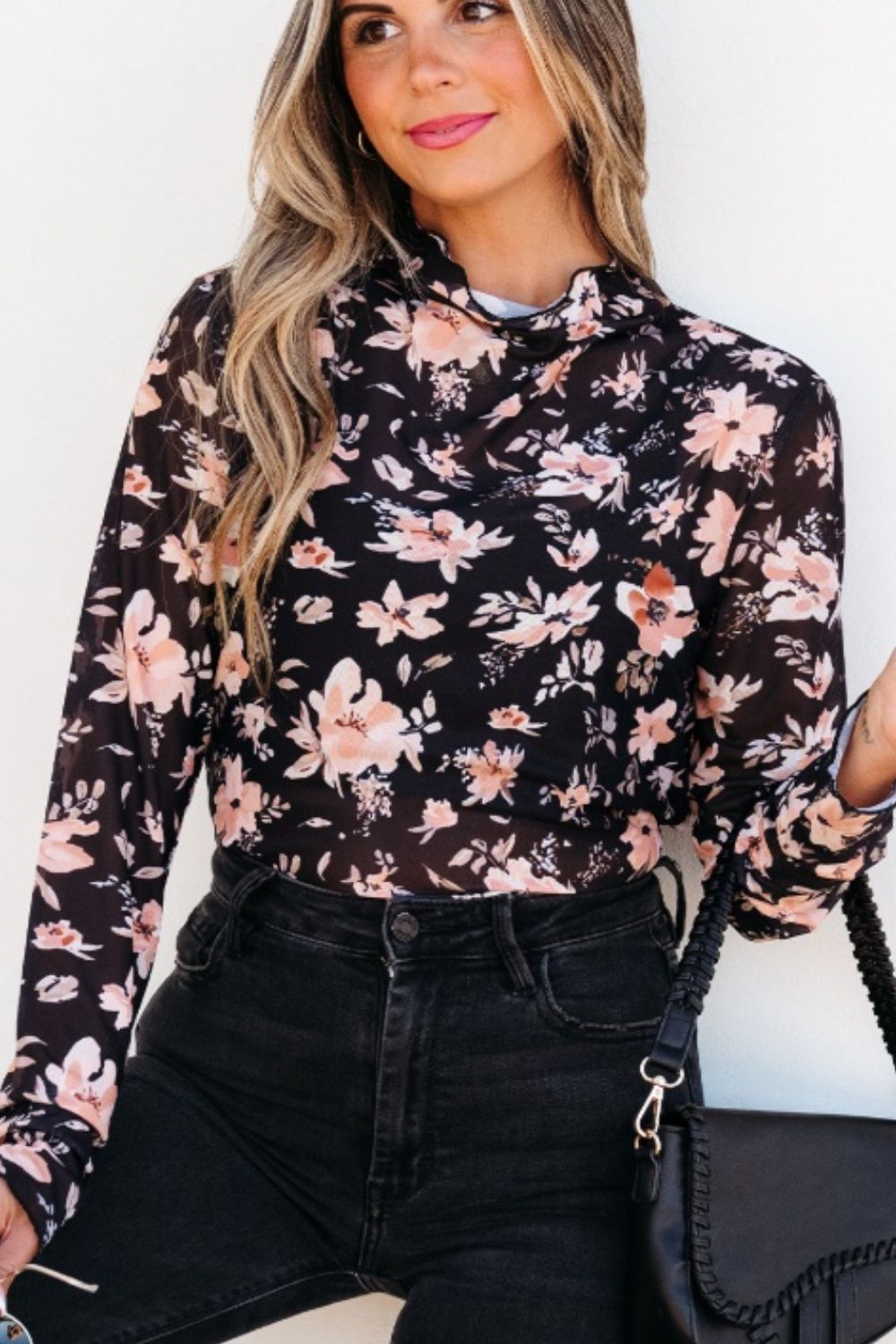 Floral Mock Neck Long Sleeve Blouse for a perfect OOTD – dress to impress outfits from Amexza