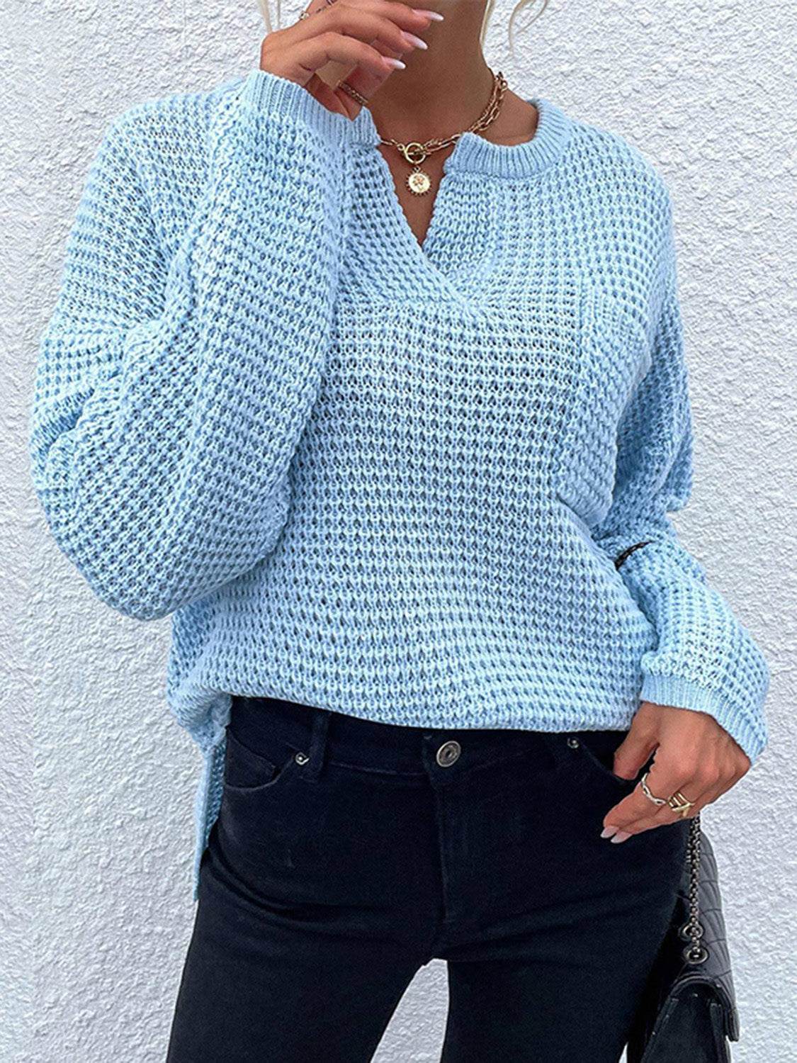 Notched Long Sleeve Sweater Pastel Blue for a perfect OOTD – dress to impress outfits from Amexza