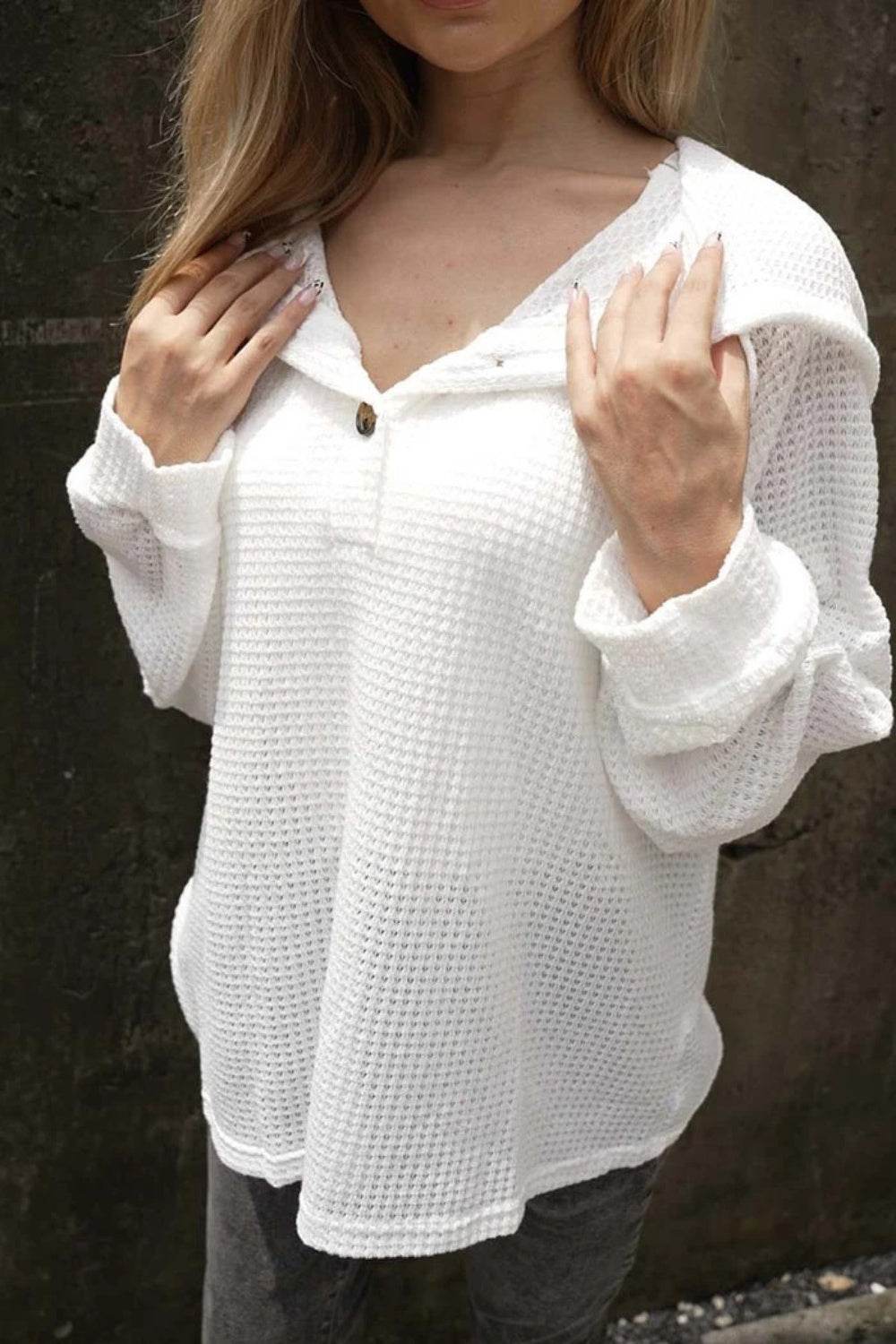 Waffle-Knit Long Sleeve Hooded T-Shirt for a perfect OOTD – dress to impress outfits from Amexza