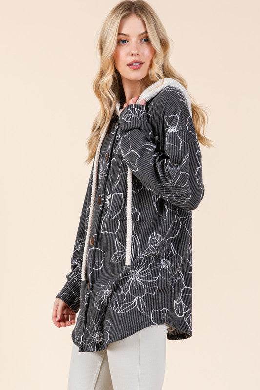 BOMBOM Drawstring Flower Print Button Up Shacket for a perfect OOTD – dress to impress outfits from Amexza