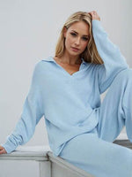 Johnny Collar Long Sleeve Top and Pants Sweater Set Light Blue One Size for a perfect OOTD – dress to impress outfits from Amexza