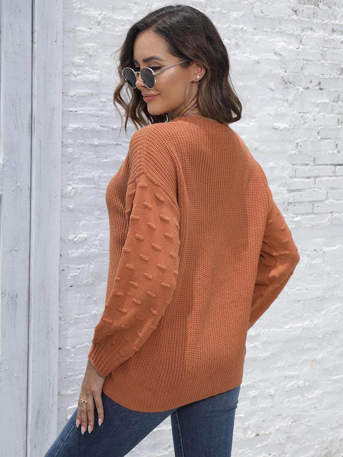 Round Neck Dropped Shoulder Sweater - Amexza