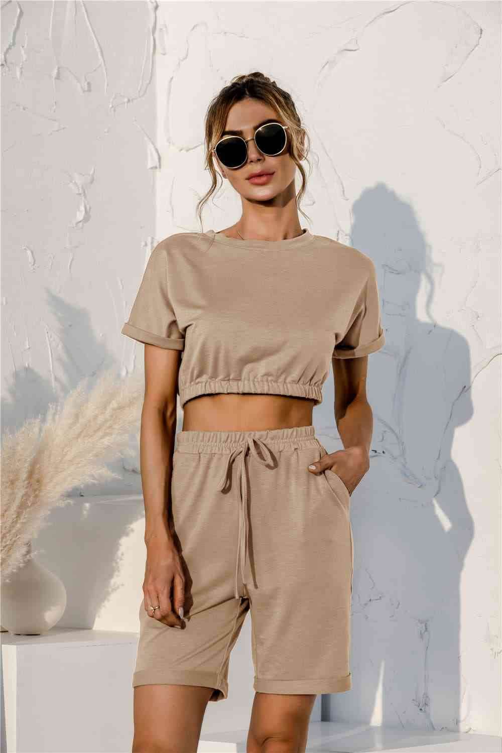 Short Sleeve Cropped Top and Drawstring Shorts Lounge Set Tan for a perfect OOTD – dress to impress outfits from Amexza