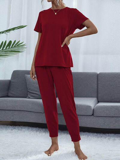 Shiny Round Neck Top and Pants Lounge Set Burgundy for a perfect OOTD – dress to impress outfits from Amexza