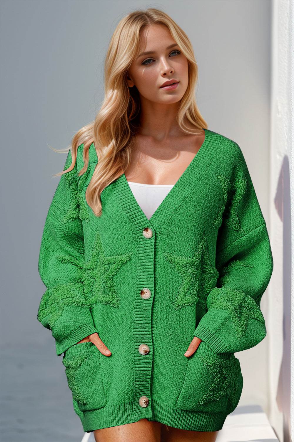 Double Take Full Size Button Up Star Pattern Cardigan Green for a perfect OOTD – dress to impress outfits from Amexza