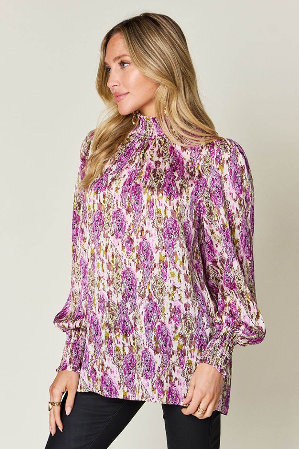 Double Take Full Size Printed Smocked Long Sleeve Blouse for a perfect OOTD – dress to impress outfits from Amexza