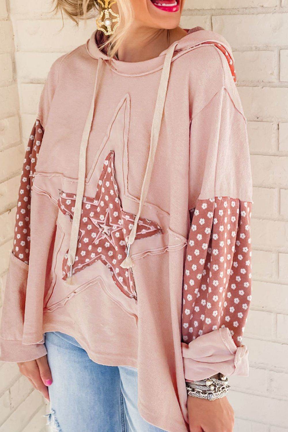 Floral Patchwork Star Pattern Drawstring Hoodie - Amexza