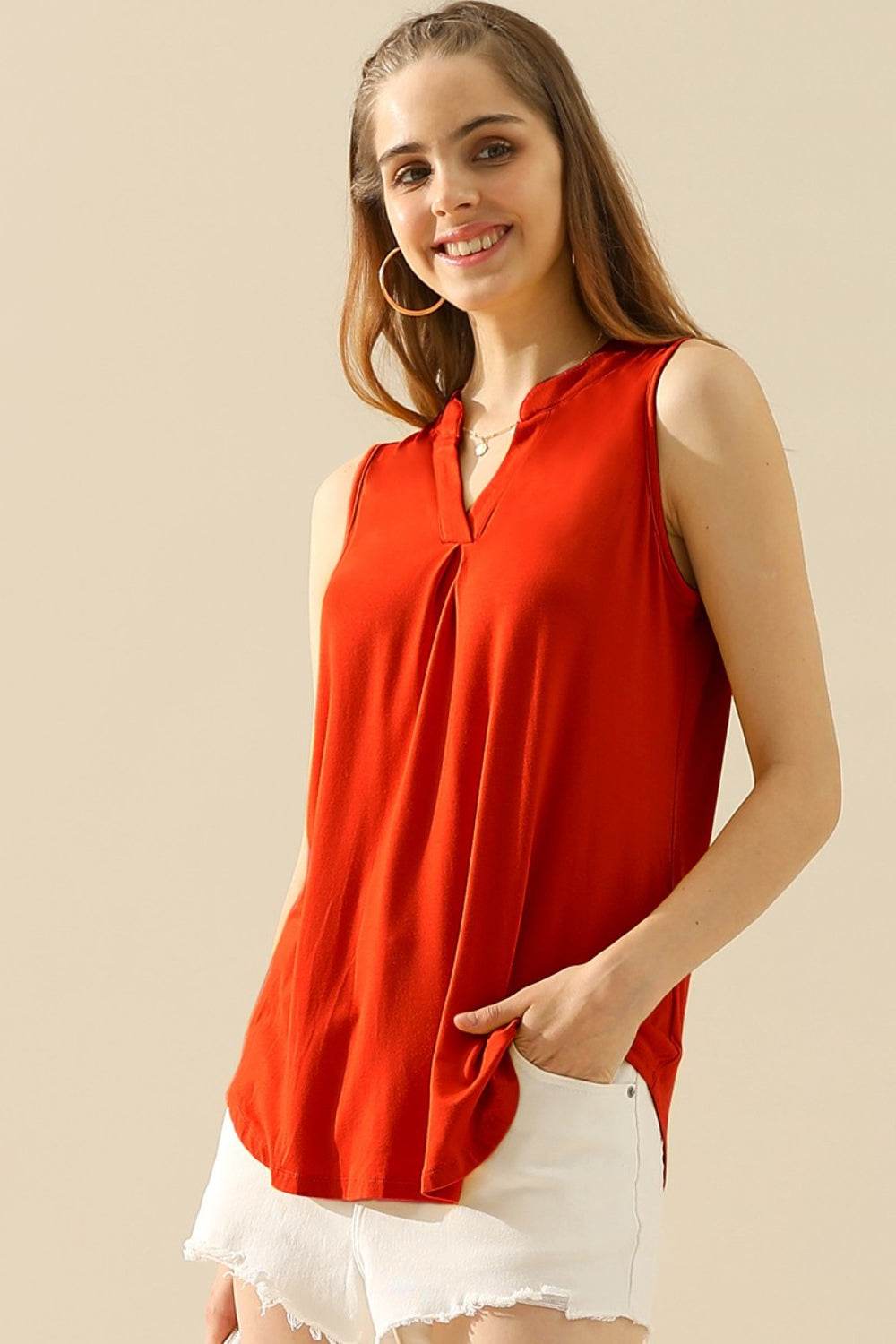 Ninexis Full Size Notched Sleeveless Top RED for a perfect OOTD – dress to impress outfits from Amexza