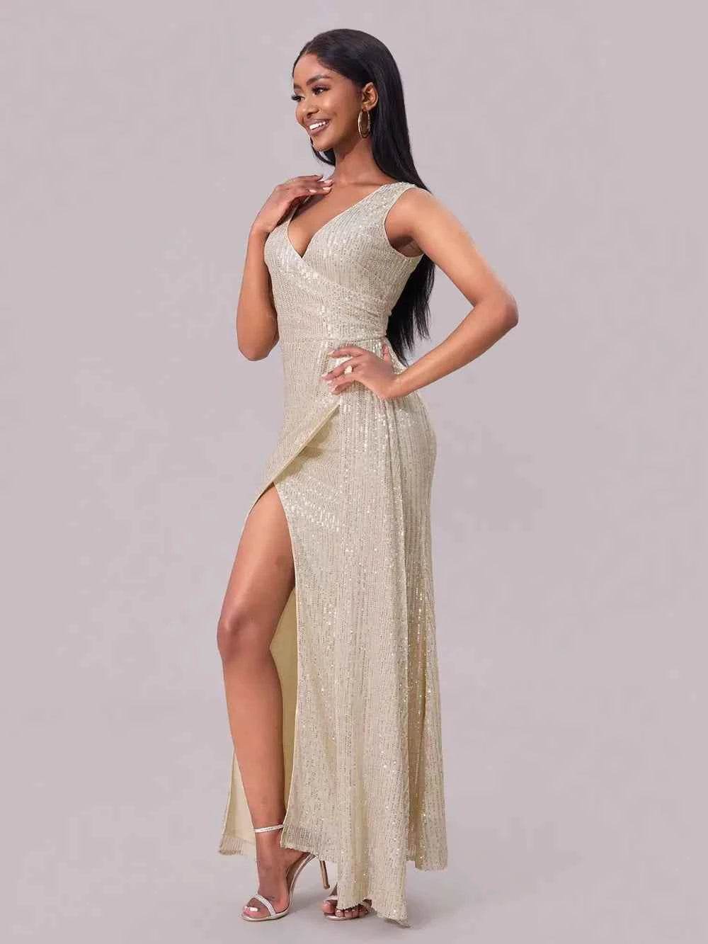 Slit Sequin Surplice Sleeveless Maxi Dress for a perfect OOTD – dress to impress outfits from Amexza