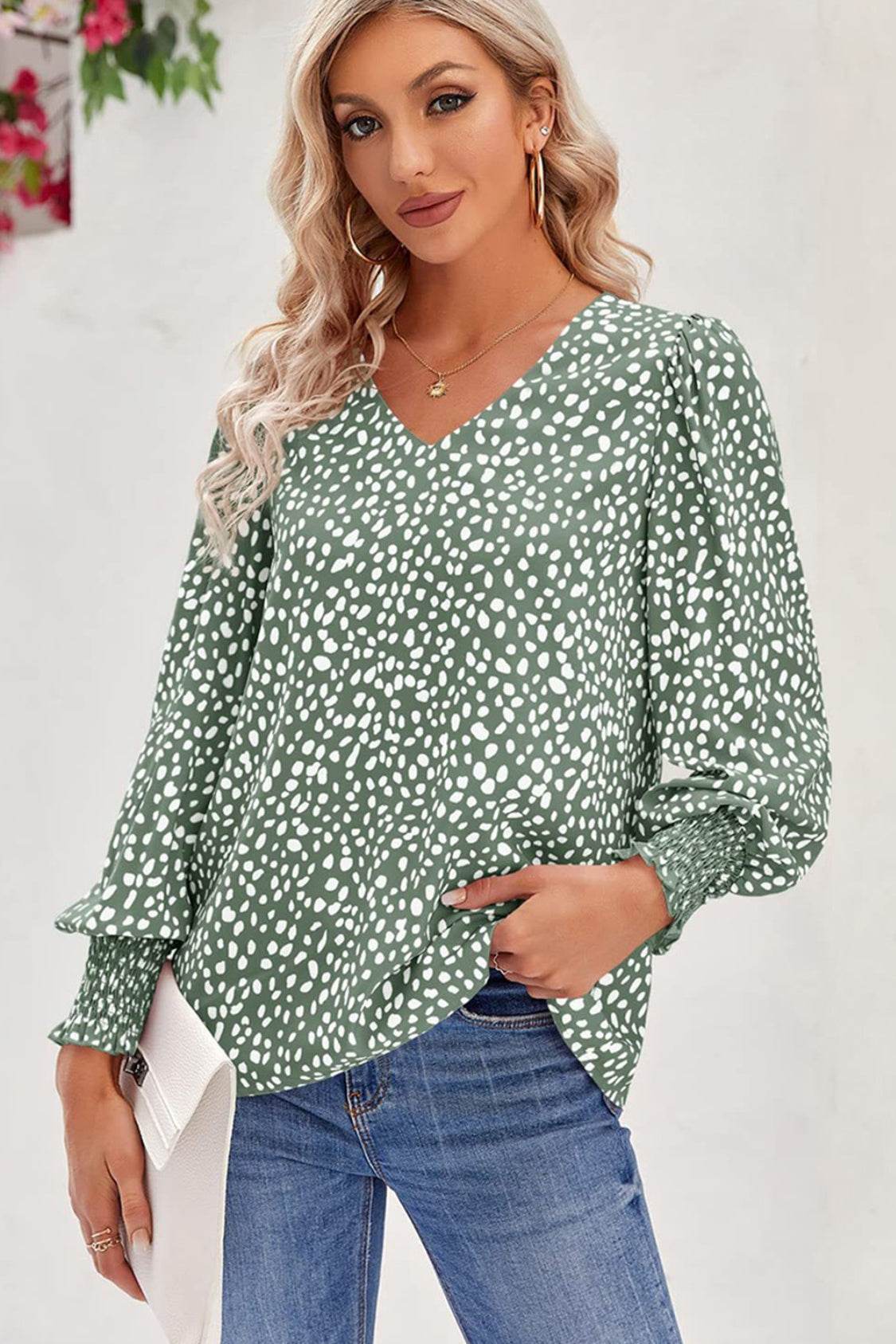 Printed V-Neck Smocked Lantern Sleeve Blouse Sage for a perfect OOTD – dress to impress outfits from Amexza