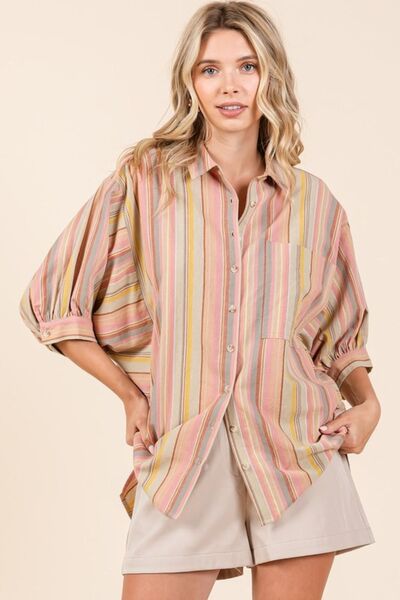 Mittoshop Striped Bubble Sleeve Button Down Shirt for a perfect OOTD – dress to impress outfits from Amexza