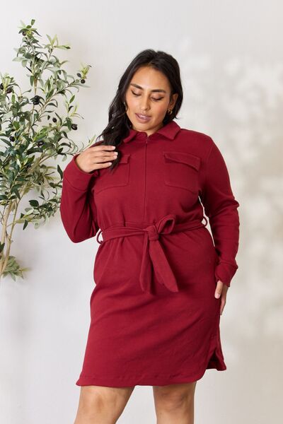 Culture Code Full Size Tie Front Half Zip Long Sleeve Shirt Dress BURGUNDY for a perfect OOTD – dress to impress outfits from Amexza