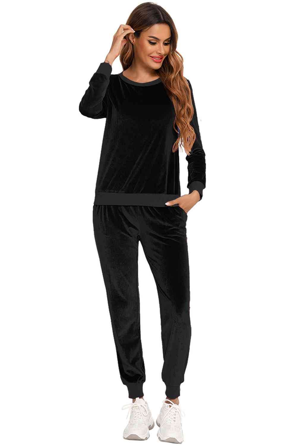 Round Neck Long Sleeve Loungewear Set with Pockets for a perfect OOTD – dress to impress outfits from Amexza