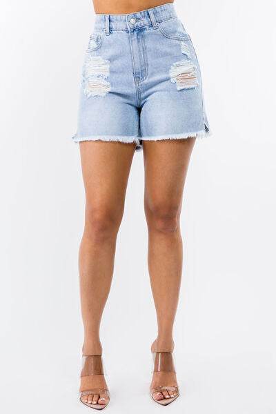 American Bazi High Waist Distressed Raw Hem Denim Shorts Blue for a perfect OOTD – dress to impress outfits from Amexza