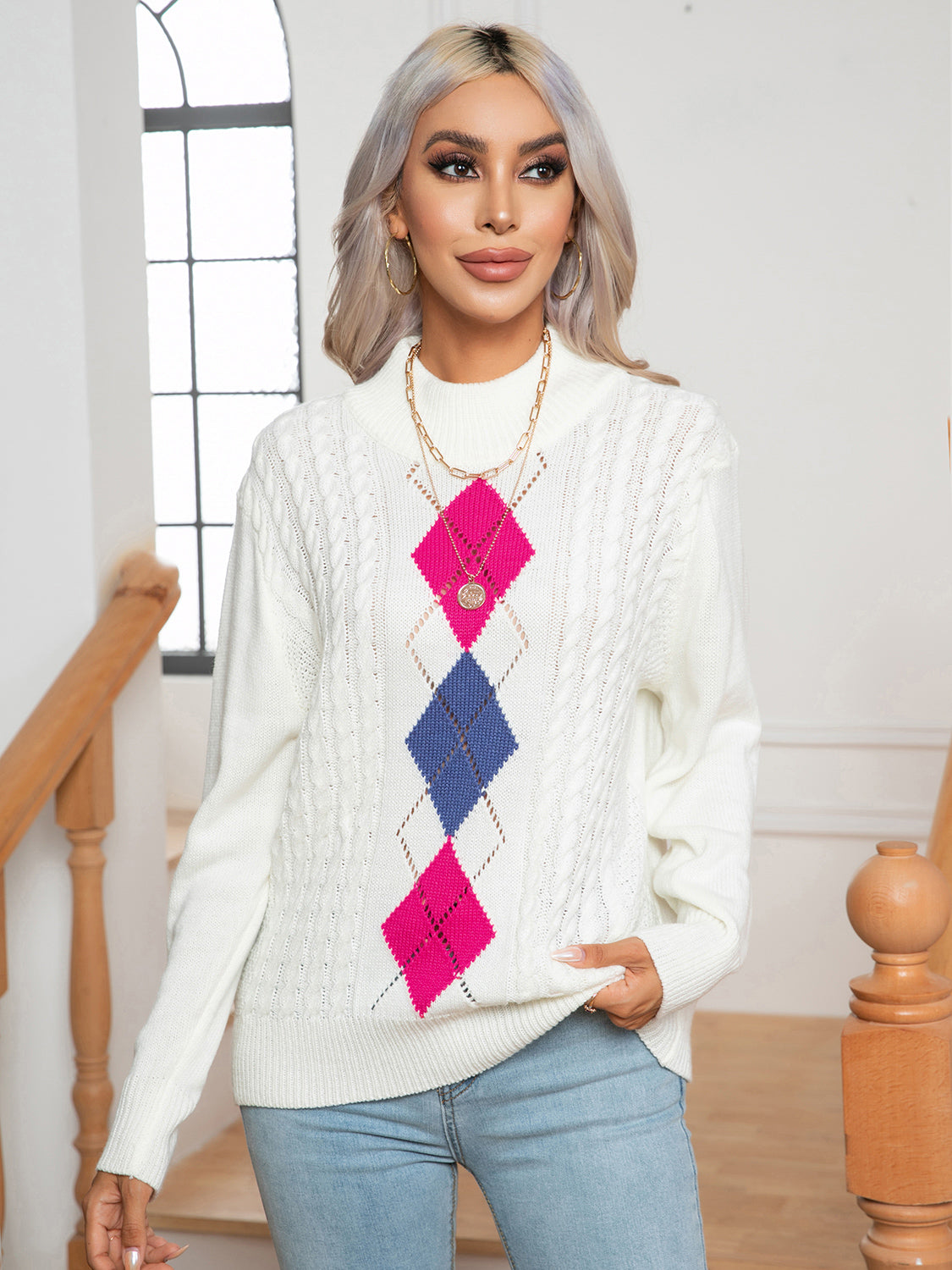 Openwork Geometric Mock Neck Sweater White for a perfect OOTD – dress to impress outfits from Amexza