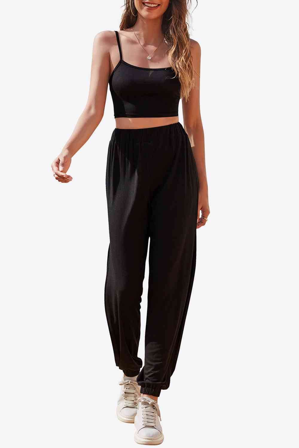 Cropped Cami and Side Split Joggers Set Black for a perfect OOTD – dress to impress outfits from Amexza