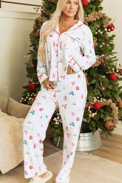 Christmas Printed Collared Neck Top and Pants Lounge Set for a perfect OOTD – dress to impress outfits from Amexza