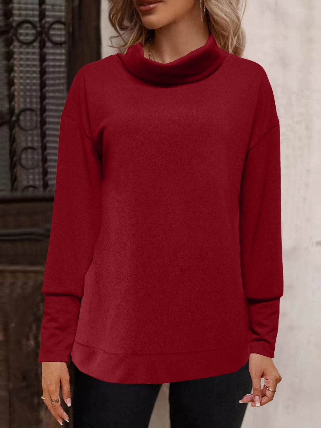 Full Size Mock Neck Long Sleeve T-Shirt Burgundy for a perfect OOTD – dress to impress outfits from Amexza