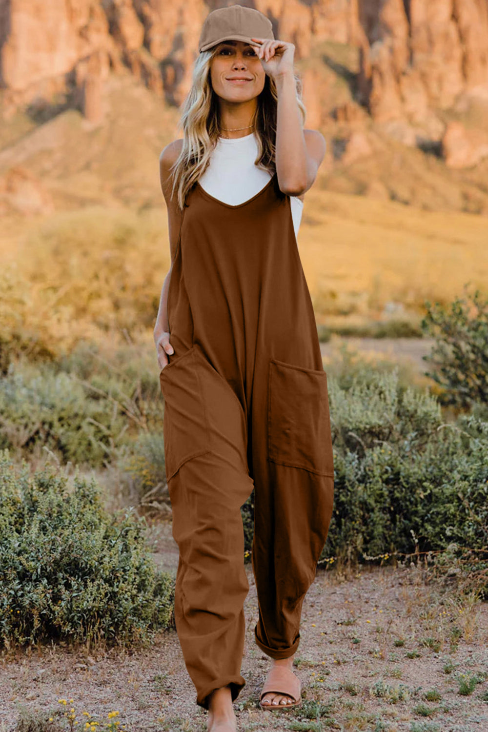 Double Take Full Size V-Neck Sleeveless Jumpsuit with Pockets for a perfect OOTD – dress to impress outfits from Amexza