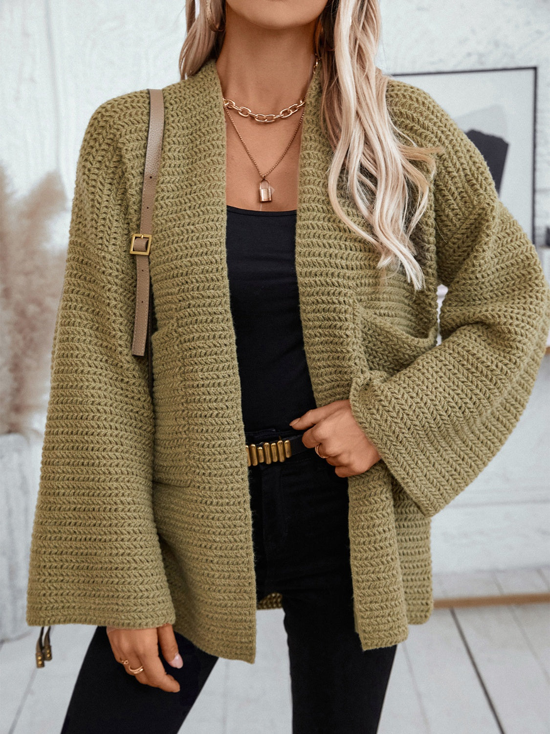 Open Front Long Sleeve Cardigan Moss for a perfect OOTD – dress to impress outfits from Amexza