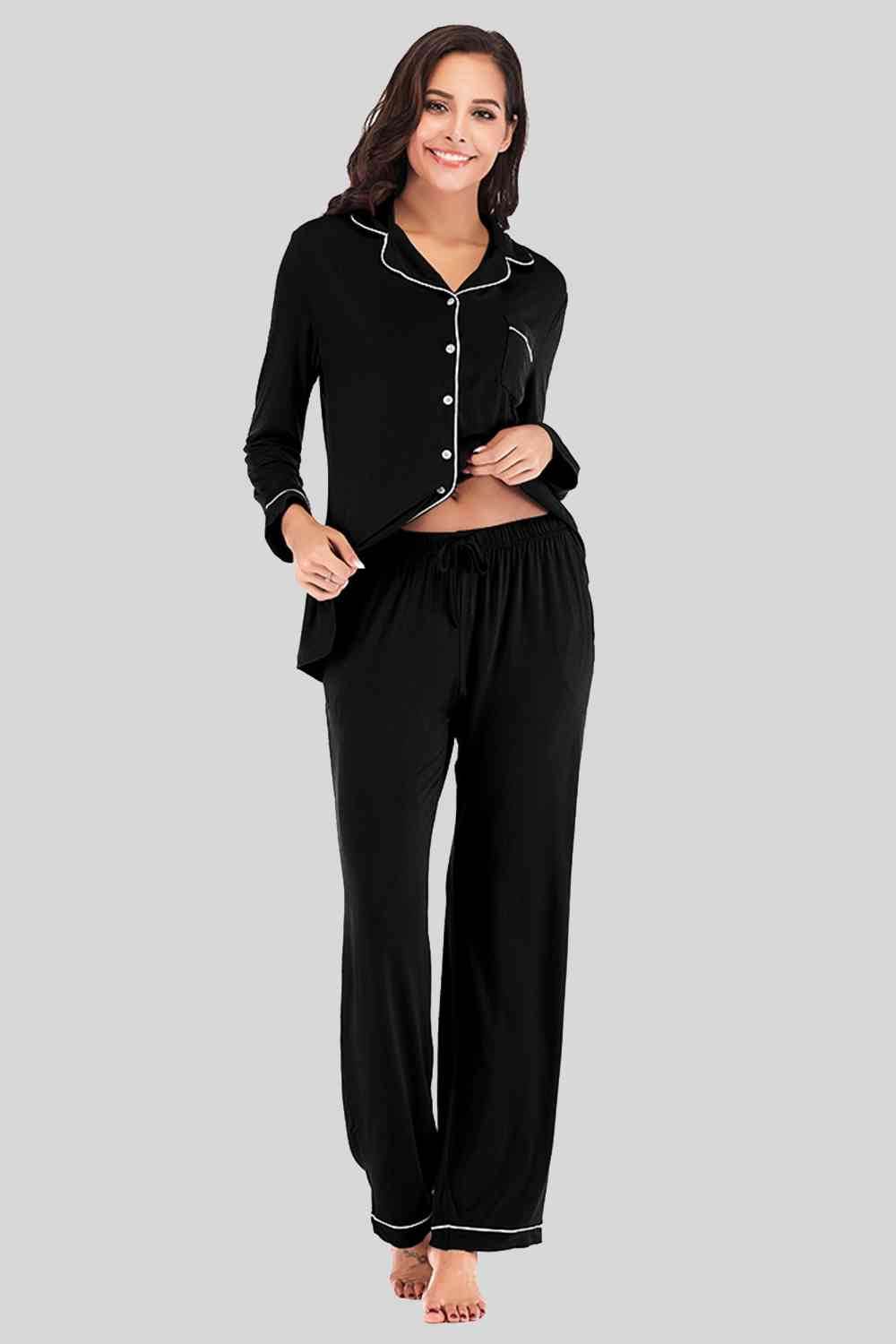 Collared Neck Long Sleeve Loungewear Set with Pockets Black for a perfect OOTD – dress to impress outfits from Amexza