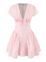 Gingham Ruffle Mini Dress with Lace Trim
