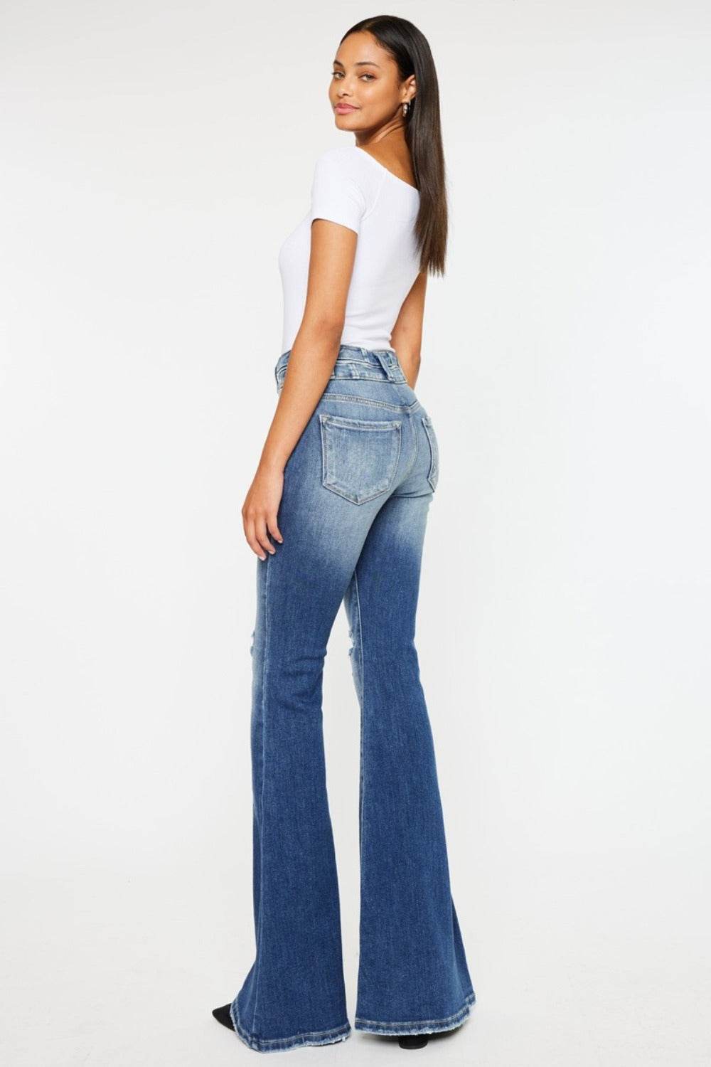 Kancan High Rise Wide Waistband Flare Jeans - Amexza