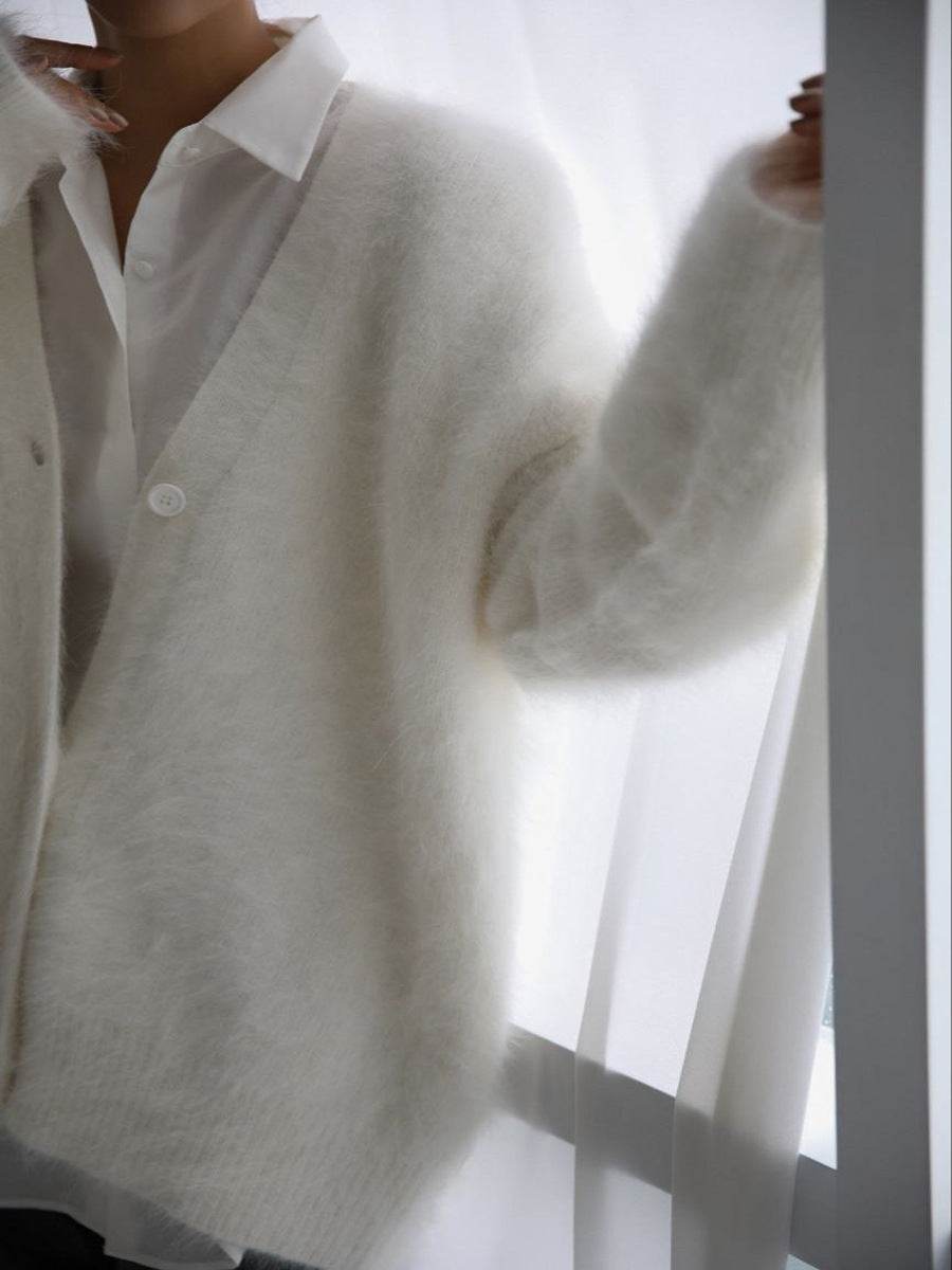 Fuzzy Button Down Long Sleeve Cardigan - Amexza