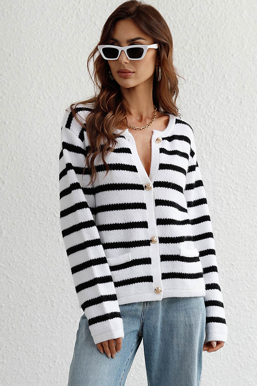 Striped Button Down Long Sleeve Cardigan White for a perfect OOTD – dress to impress outfits from Amexza